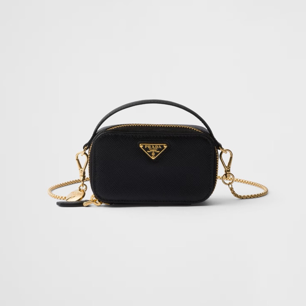 NEW Prada Black & Gold Saffiano Leather Mini Micro Crossbody Chain Bag Pouch